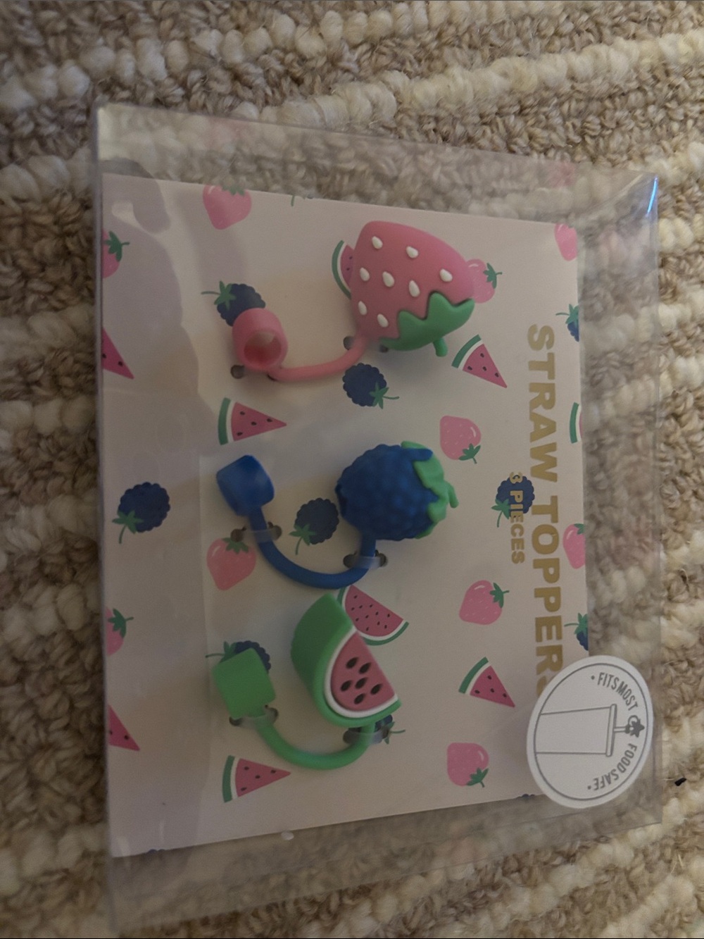 Kids Silicone Fruit Straw Toppers — Pink, Blue & Green